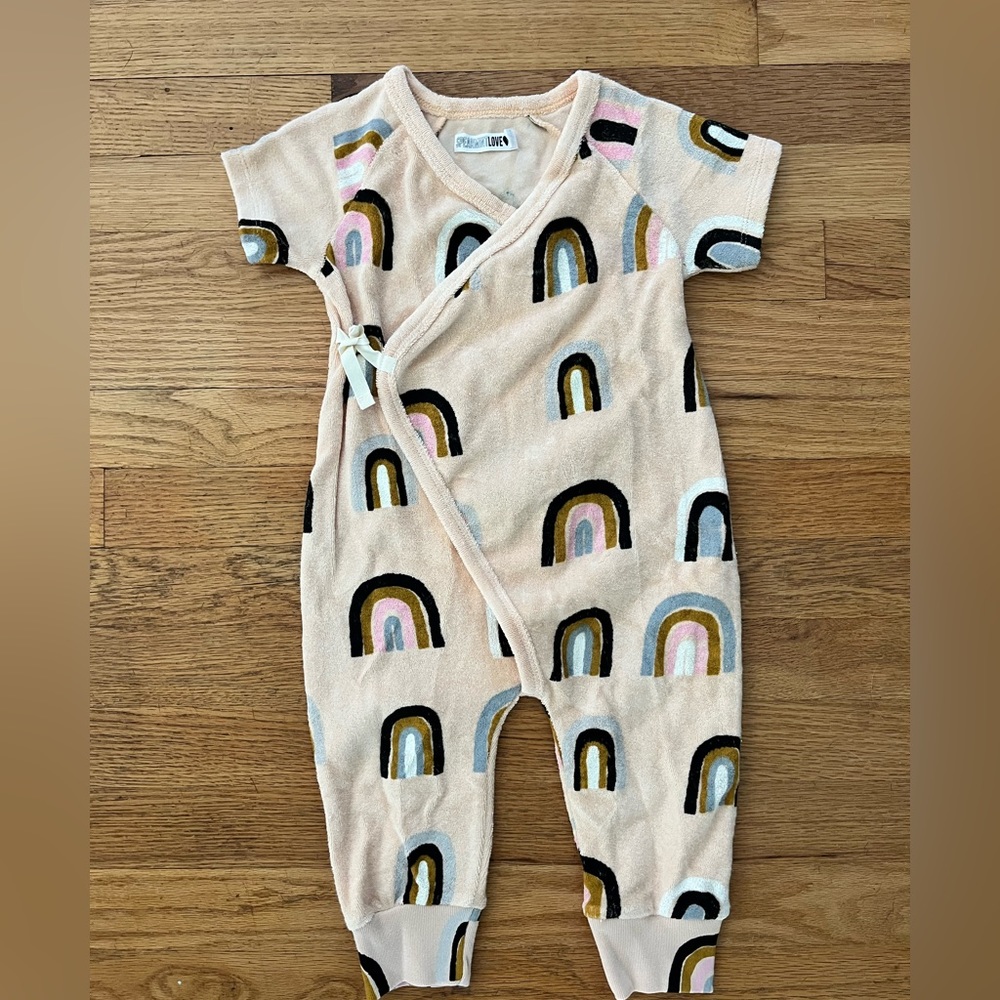 Spearmint Baby kimono style terry cloth rainbow onesie 12m NWOT